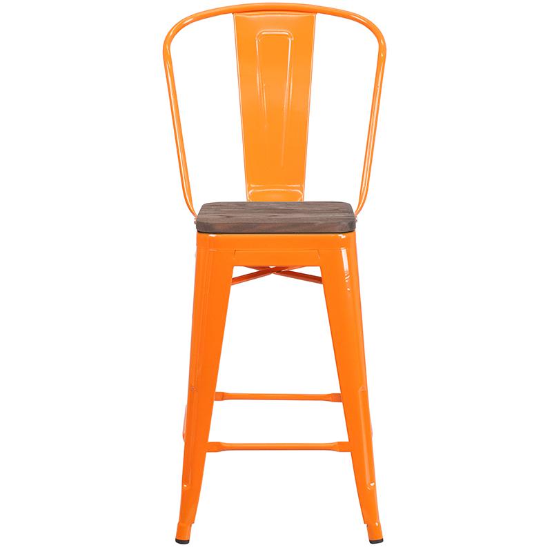 24" High Orange Metal Counter Height Stool With Back And Wood Seat By Flash Furniture | Bar Stools | Modishstore - 4