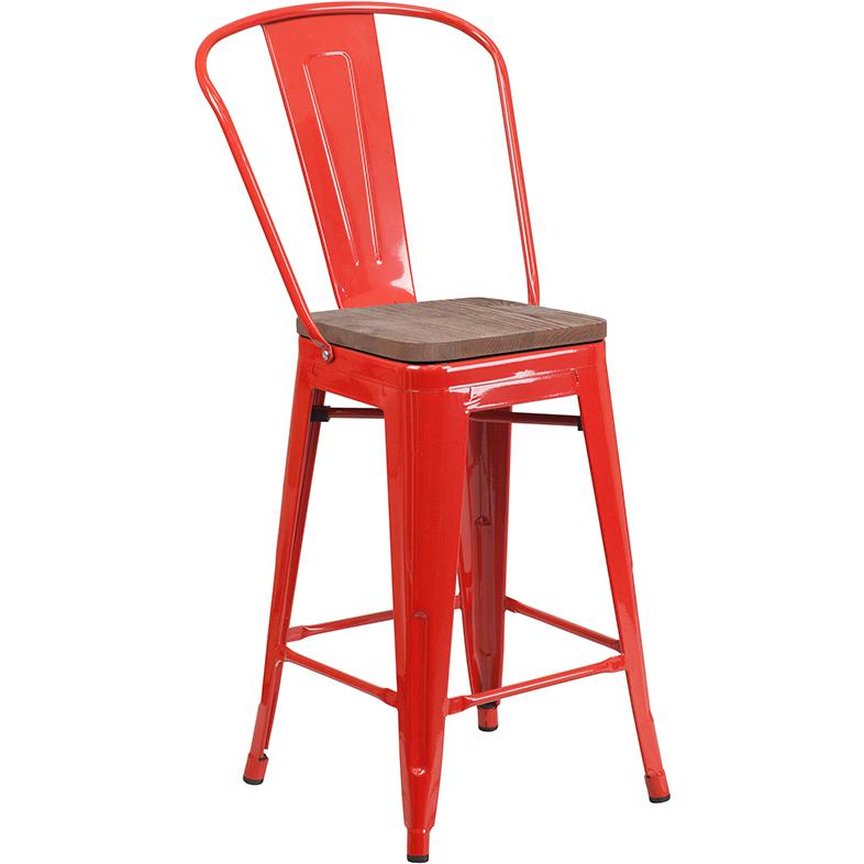 24" High Red Metal Counter Height Stool With Back And Wood Seat By Flash Furniture | Bar Stools | Modishstore - 1