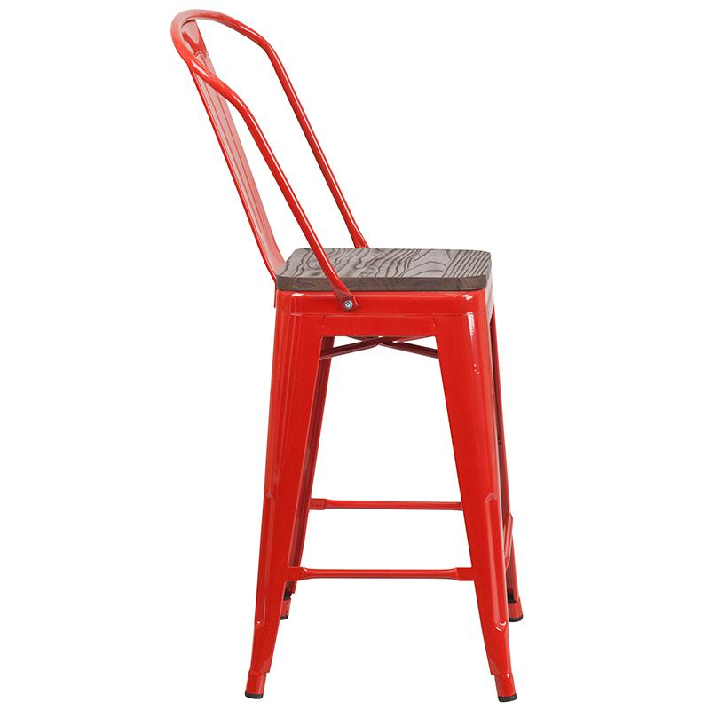 24" High Red Metal Counter Height Stool With Back And Wood Seat By Flash Furniture | Bar Stools | Modishstore - 2