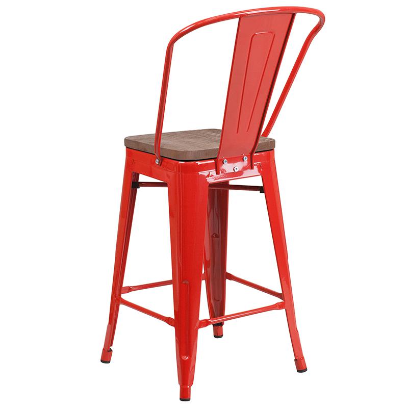 24" High Red Metal Counter Height Stool With Back And Wood Seat By Flash Furniture | Bar Stools | Modishstore - 3