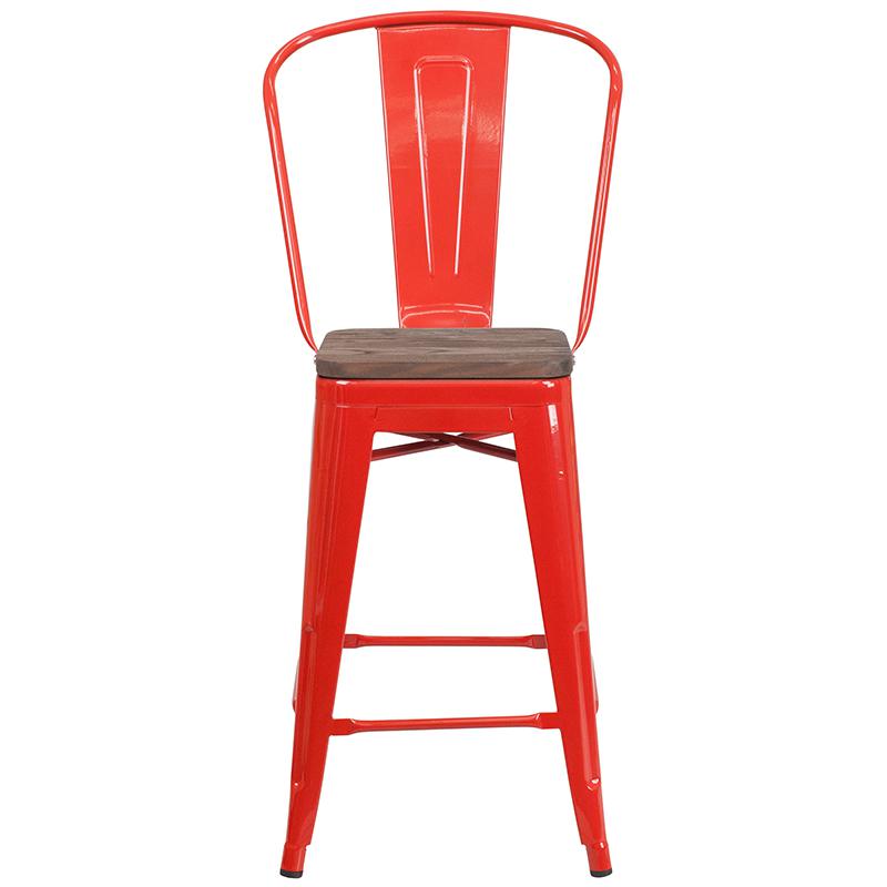 24" High Red Metal Counter Height Stool With Back And Wood Seat By Flash Furniture | Bar Stools | Modishstore - 4