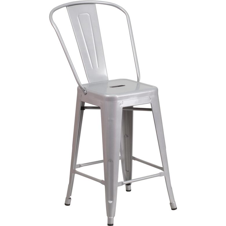 Commercial Grade 24" High Silver Metal Indoor-Outdoor Counter Height Stool With Removable Back By Flash Furniture | Dining Chairs | Modishstore - 1