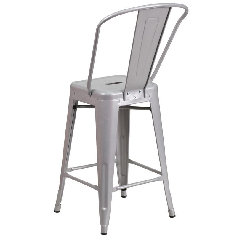 Commercial Grade 24" High Silver Metal Indoor-Outdoor Counter Height Stool With Removable Back By Flash Furniture | Dining Chairs | Modishstore - 3