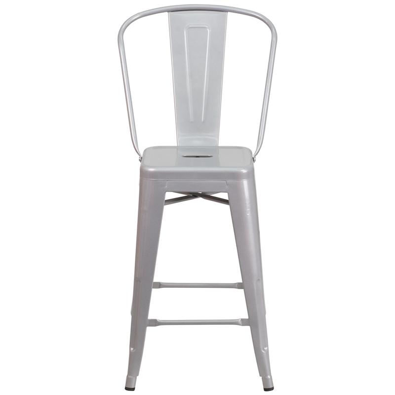 Commercial Grade 24" High Silver Metal Indoor-Outdoor Counter Height Stool With Removable Back By Flash Furniture | Dining Chairs | Modishstore - 4