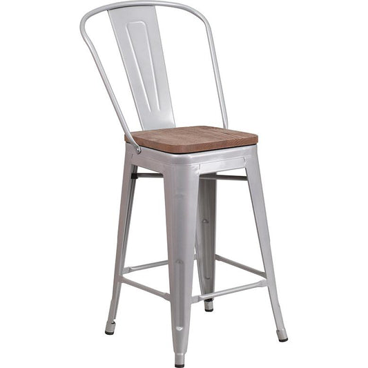 24" High Silver Metal Counter Height Stool With Back And Wood Seat By Flash Furniture | Bar Stools | Modishstore - 1