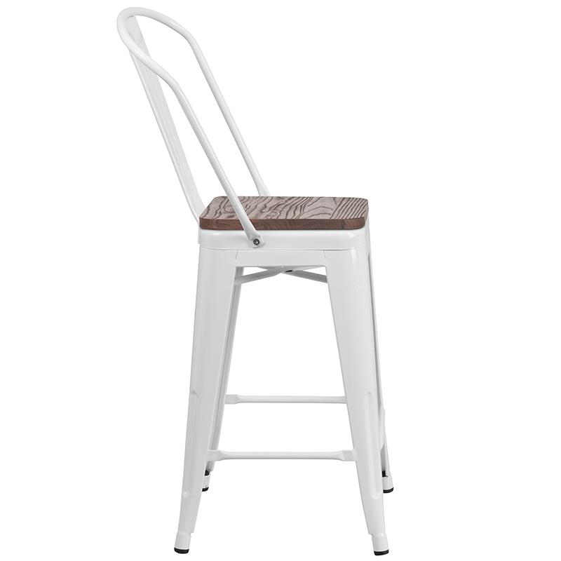 24" High White Metal Counter Height Stool With Back And Wood Seat By Flash Furniture | Bar Stools | Modishstore - 2