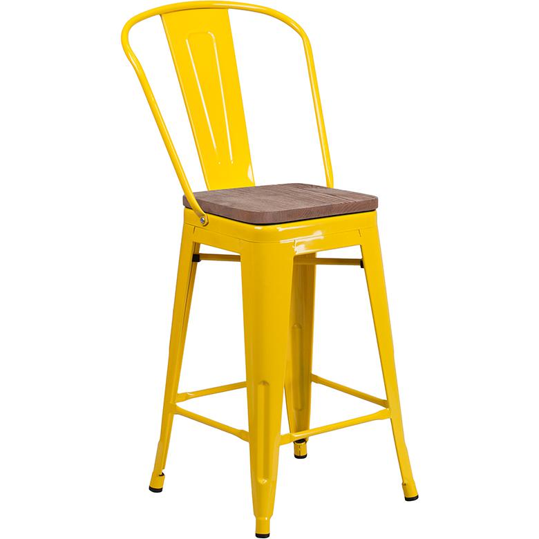 24" High Yellow Metal Counter Height Stool With Back And Wood Seat By Flash Furniture | Bar Stools | Modishstore - 1