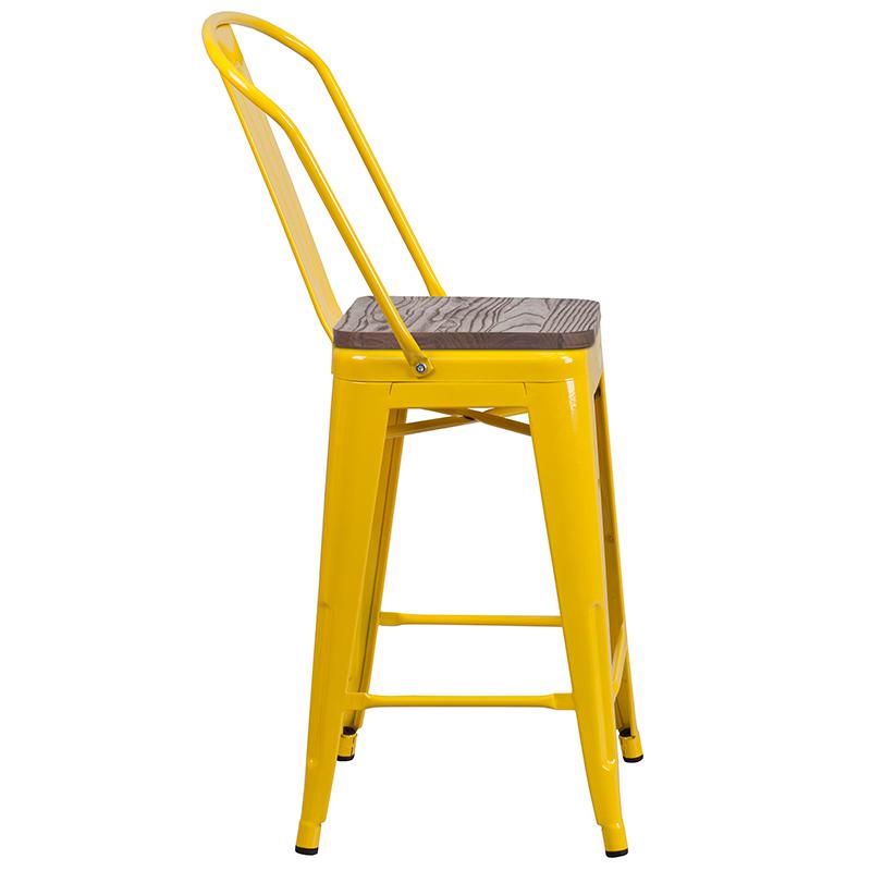 24" High Yellow Metal Counter Height Stool With Back And Wood Seat By Flash Furniture | Bar Stools | Modishstore - 2