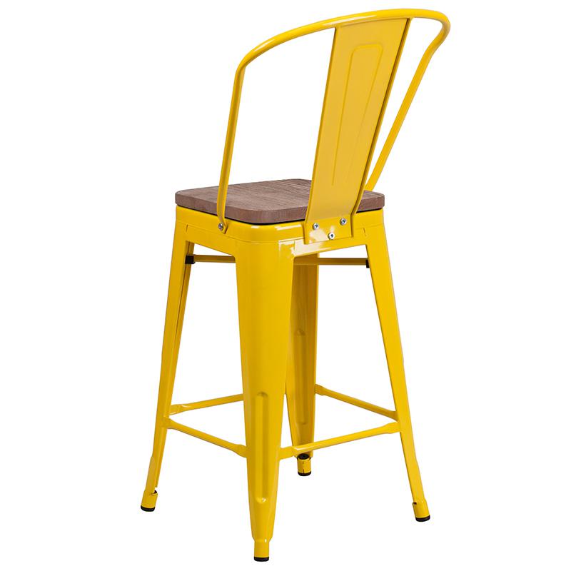 24" High Yellow Metal Counter Height Stool With Back And Wood Seat By Flash Furniture | Bar Stools | Modishstore - 3