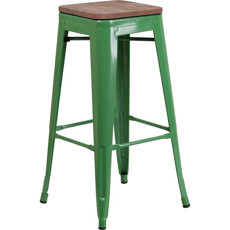 30" High Backless Green Metal Barstool With Square Wood Seat By Flash Furniture | Bar Stools | Modishstore - 1