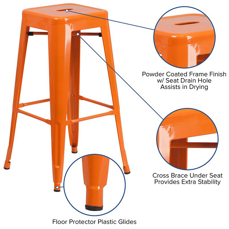 Commercial Grade 30" High Backless Orange Metal Indoor-Outdoor Barstool With Square Seat By Flash Furniture | Bar Stools | Modishstore - 2