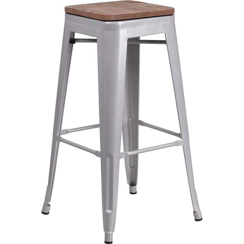 30" High Backless Silver Metal Barstool With Square Wood Seat By Flash Furniture | Bar Stools | Modishstore - 1