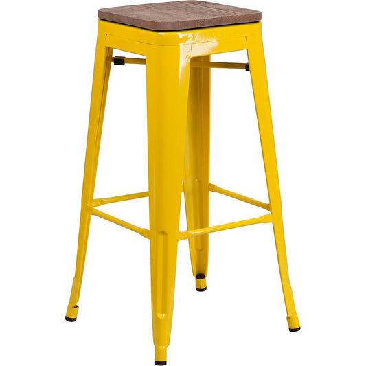 30" High Backless Yellow Metal Barstool With Square Wood Seat By Flash Furniture | Bar Stools | Modishstore - 1