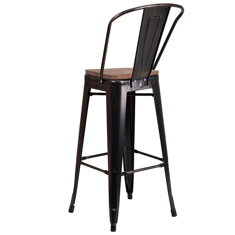 30" High Black-Antique Gold Metal Barstool With Back And Wood Seat By Flash Furniture | Bar Stools | Modishstore - 3