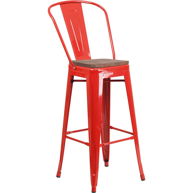 30" High Red Metal Barstool With Back And Wood Seat By Flash Furniture | Bar Stools | Modishstore - 1