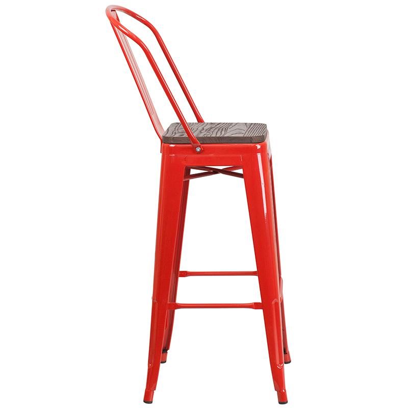 30" High Red Metal Barstool With Back And Wood Seat By Flash Furniture | Bar Stools | Modishstore - 2