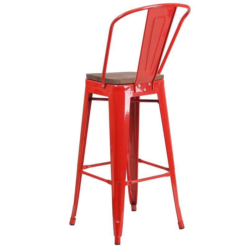 30" High Red Metal Barstool With Back And Wood Seat By Flash Furniture | Bar Stools | Modishstore - 3