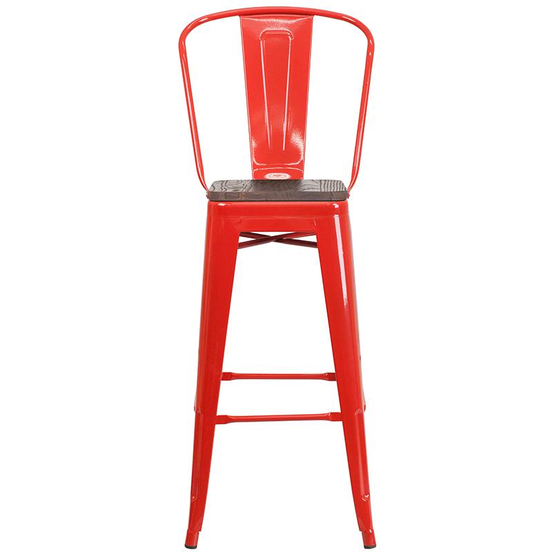 30" High Red Metal Barstool With Back And Wood Seat By Flash Furniture | Bar Stools | Modishstore - 4