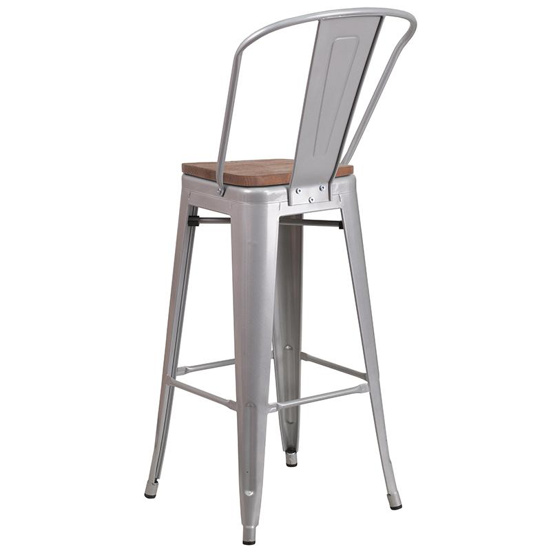 30" High Silver Metal Barstool With Back And Wood Seat By Flash Furniture | Bar Stools | Modishstore - 3