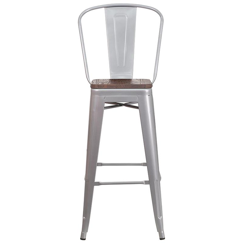 30" High Silver Metal Barstool With Back And Wood Seat By Flash Furniture | Bar Stools | Modishstore - 4