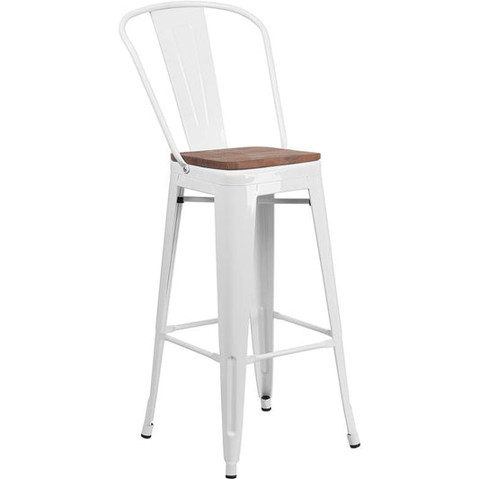 30" High White Metal Barstool With Back And Wood Seat By Flash Furniture | Bar Stools | Modishstore - 1