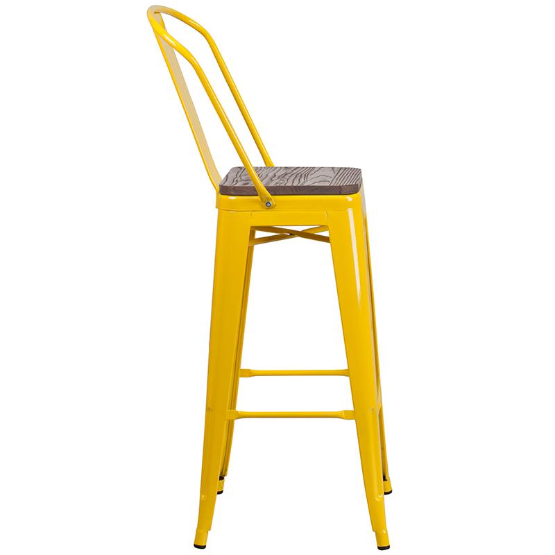30" High Yellow Metal Barstool With Back And Wood Seat By Flash Furniture | Bar Stools | Modishstore - 2