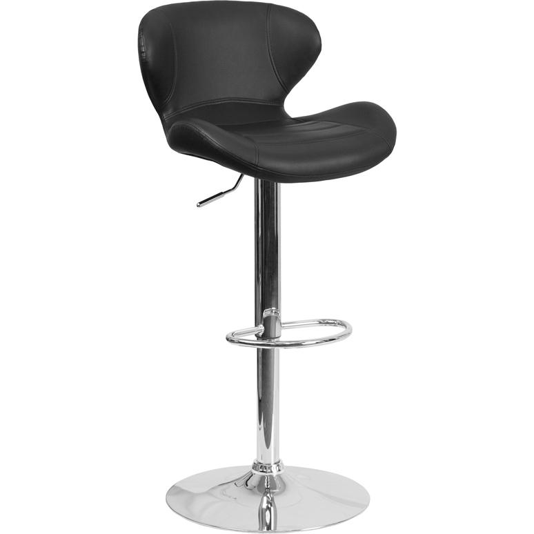 Contemporary Black Vinyl Adjustable Height Barstool With Curved Back And Chrome Base By Flash Furniture | Bar Stools | Modishstore - 1