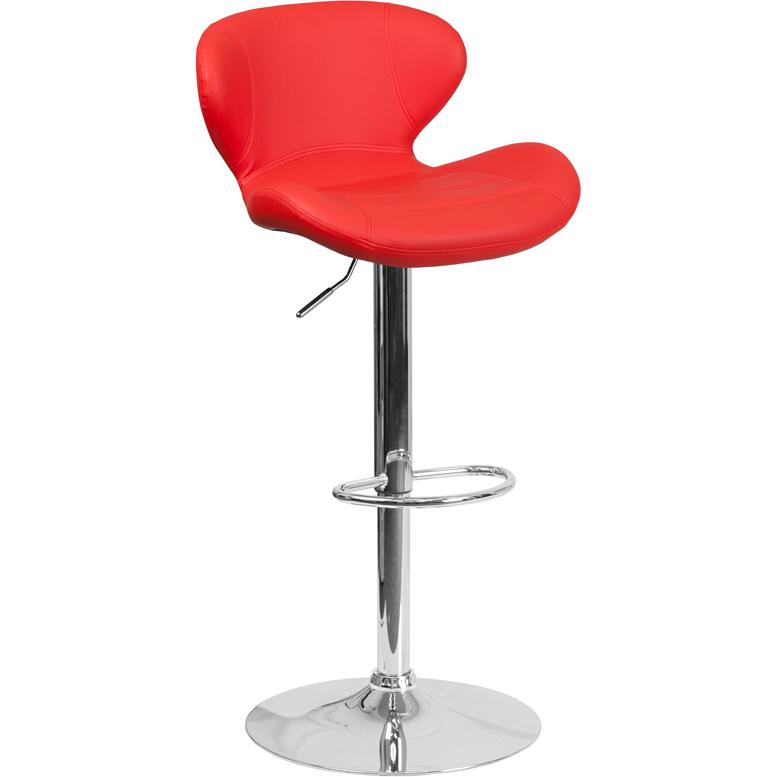 Contemporary Red Vinyl Adjustable Height Barstool With Curved Back And Chrome Base By Flash Furniture | Bar Stools | Modishstore - 1