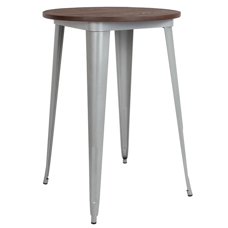 30" Round Silver Metal Indoor Bar Height Table With Walnut Rustic Wood Top By Flash Furniture | Bar Tables | Modishstore - 1