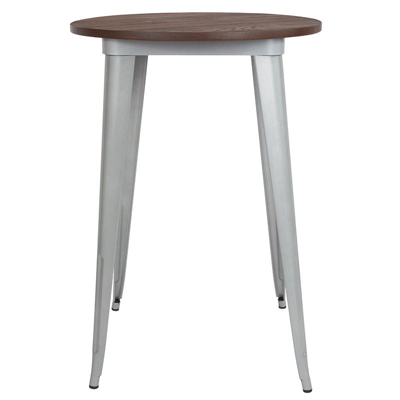 30" Round Silver Metal Indoor Bar Height Table With Walnut Rustic Wood Top By Flash Furniture | Bar Tables | Modishstore - 2