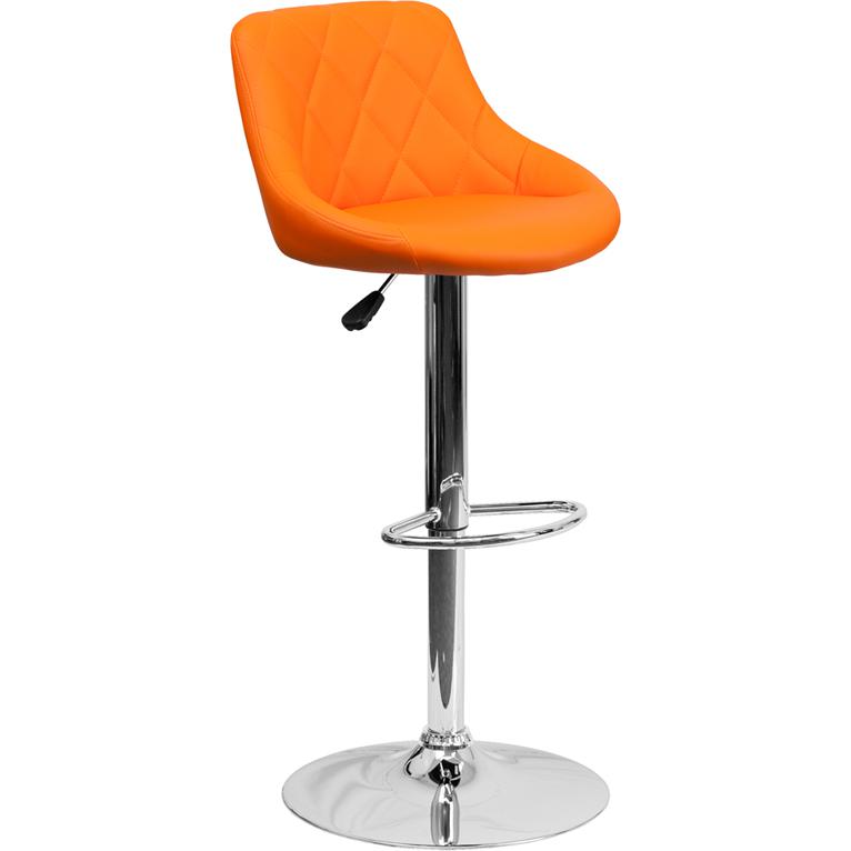 Contemporary Orange Vinyl Bucket Seat Adjustable Height Barstool With Diamond Pattern Back And Chrome Base By Flash Furniture | Bar Stools | Modishstore - 1