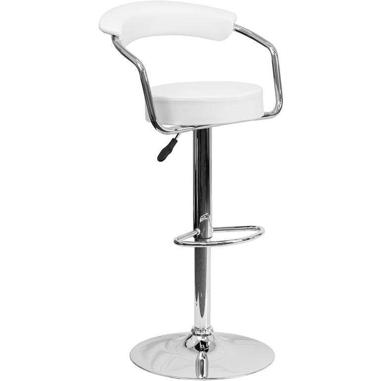 Contemporary White Vinyl Adjustable Height Barstool With Arms And Chrome Base By Flash Furniture | Bar Stools | Modishstore - 1