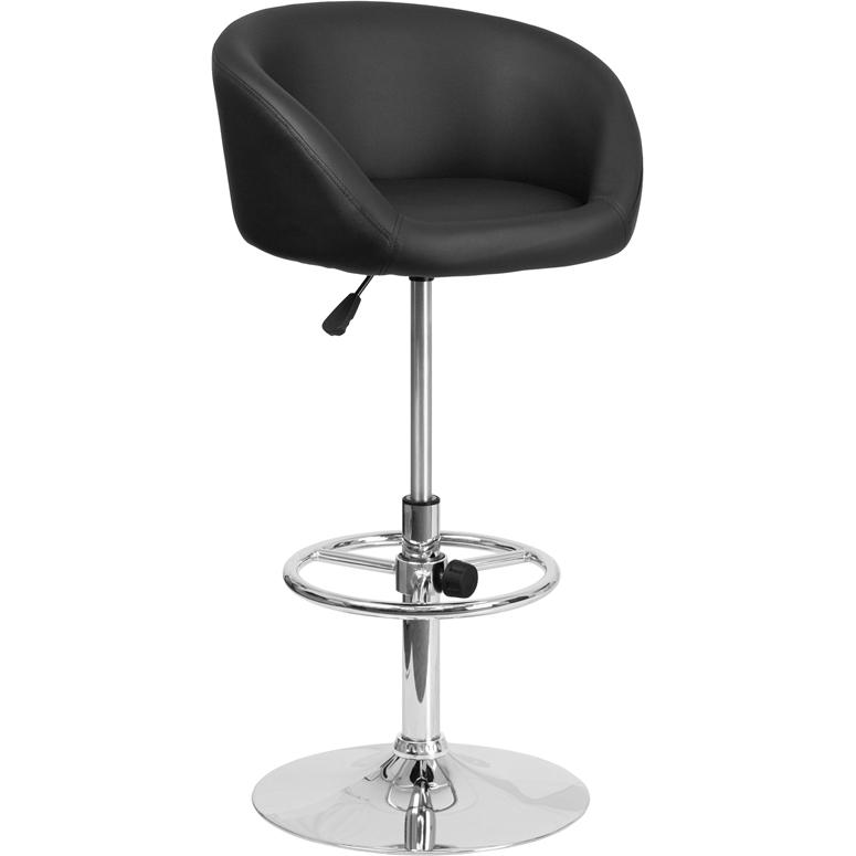 Contemporary Black Vinyl Adjustable Height Barstool With Barrel Back And Chrome Base By Flash Furniture | Bar Stools | Modishstore - 1