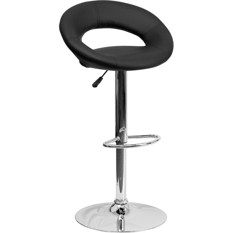 Contemporary Black Vinyl Rounded Orbit-Style Back Adjustable Height Barstool With Chrome Base By Flash Furniture | Bar Stools | Modishstore - 1