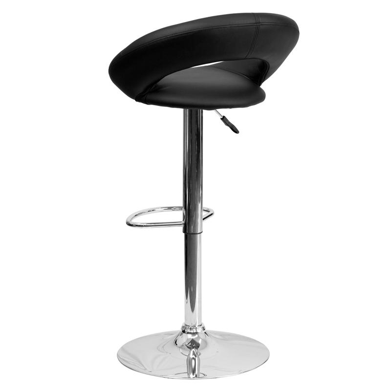 Contemporary Black Vinyl Rounded Orbit-Style Back Adjustable Height Barstool With Chrome Base By Flash Furniture | Bar Stools | Modishstore - 3