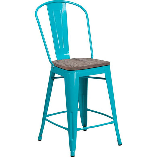 24" High Crystal Teal-Blue Metal Counter Height Stool With Back And Wood Seat By Flash Furniture | Bar Stools | Modishstore - 1