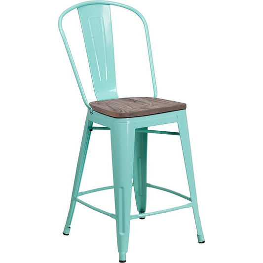 24" High Mint Green Metal Counter Height Stool With Back And Wood Seat By Flash Furniture | Bar Stools | Modishstore - 1