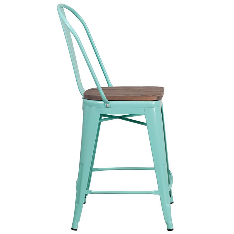 24" High Mint Green Metal Counter Height Stool With Back And Wood Seat By Flash Furniture | Bar Stools | Modishstore - 2