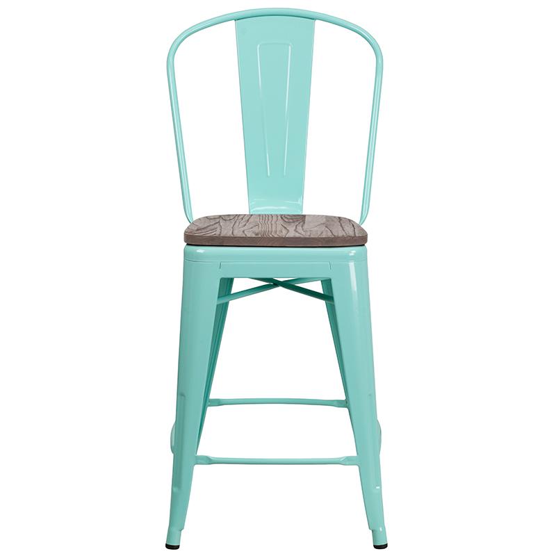 24" High Mint Green Metal Counter Height Stool With Back And Wood Seat By Flash Furniture | Bar Stools | Modishstore - 4