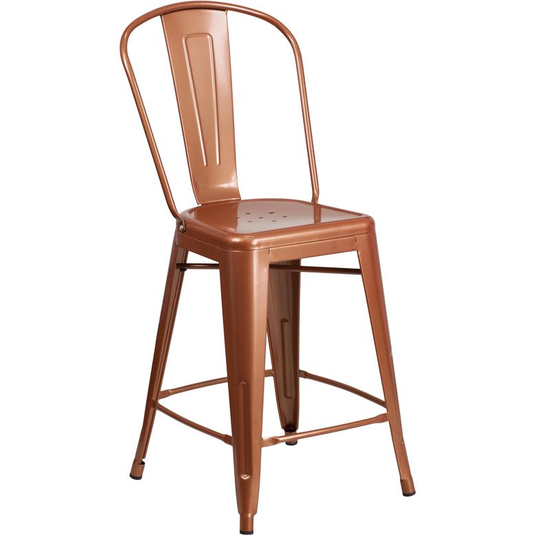 Commercial Grade 24" High Copper Metal Indoor-Outdoor Counter Height Stool With Back By Flash Furniture | Dining Chairs | Modishstore - 1