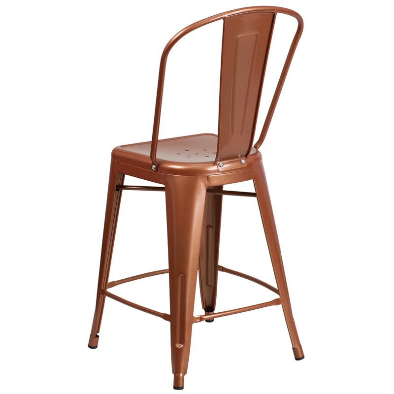 Commercial Grade 24" High Copper Metal Indoor-Outdoor Counter Height Stool With Back By Flash Furniture | Dining Chairs | Modishstore - 3