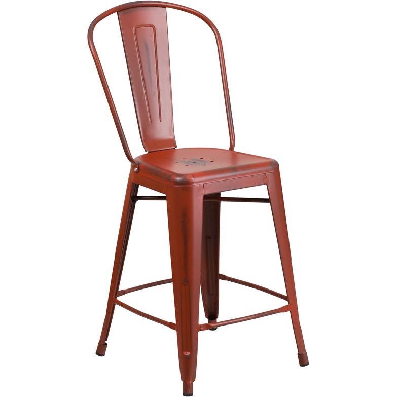 Commercial Grade 24" High Distressed Kelly Red Metal Indoor-Outdoor Counter Height Stool With Back By Flash Furniture | Dining Chairs | Modishstore - 1