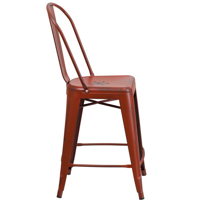 Commercial Grade 24" High Distressed Kelly Red Metal Indoor-Outdoor Counter Height Stool With Back By Flash Furniture | Dining Chairs | Modishstore - 2