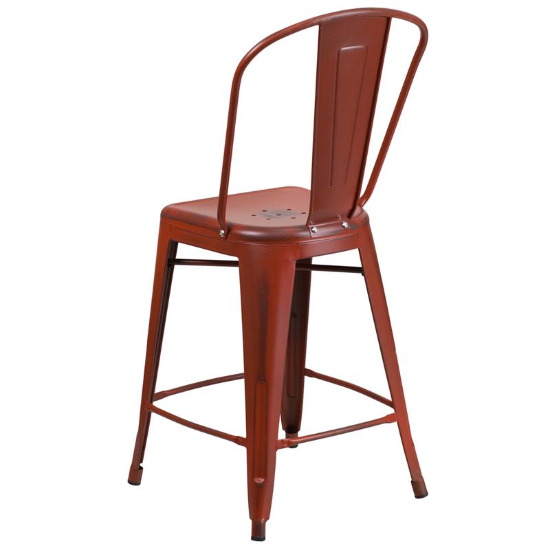 Commercial Grade 24" High Distressed Kelly Red Metal Indoor-Outdoor Counter Height Stool With Back By Flash Furniture | Dining Chairs | Modishstore - 3