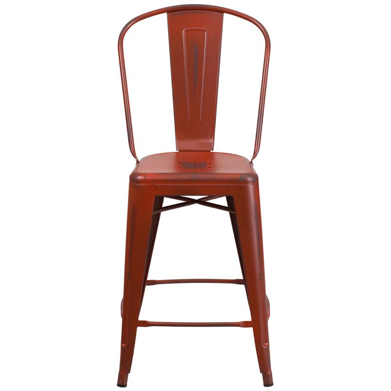 Commercial Grade 24" High Distressed Kelly Red Metal Indoor-Outdoor Counter Height Stool With Back By Flash Furniture | Dining Chairs | Modishstore - 4