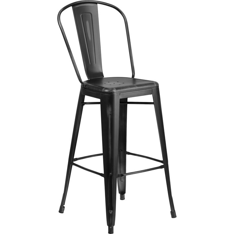 Commercial Grade 30" High Distressed Black Metal Indoor-Outdoor Barstool With Back By Flash Furniture | Bar Stools | Modishstore - 1