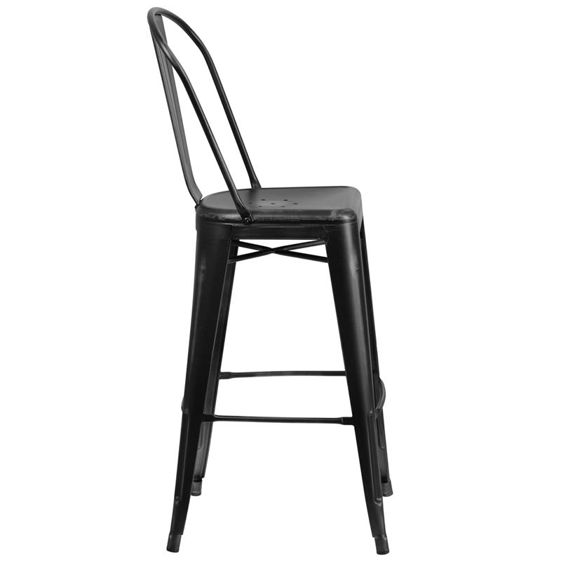 Commercial Grade 30" High Distressed Black Metal Indoor-Outdoor Barstool With Back By Flash Furniture | Bar Stools | Modishstore - 2