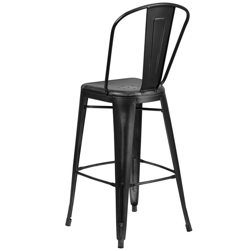 Commercial Grade 30" High Distressed Black Metal Indoor-Outdoor Barstool With Back By Flash Furniture | Bar Stools | Modishstore - 3