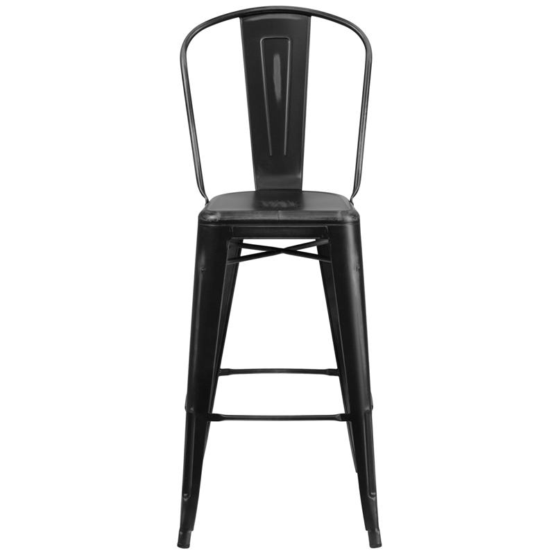 Commercial Grade 30" High Distressed Black Metal Indoor-Outdoor Barstool With Back By Flash Furniture | Bar Stools | Modishstore - 4