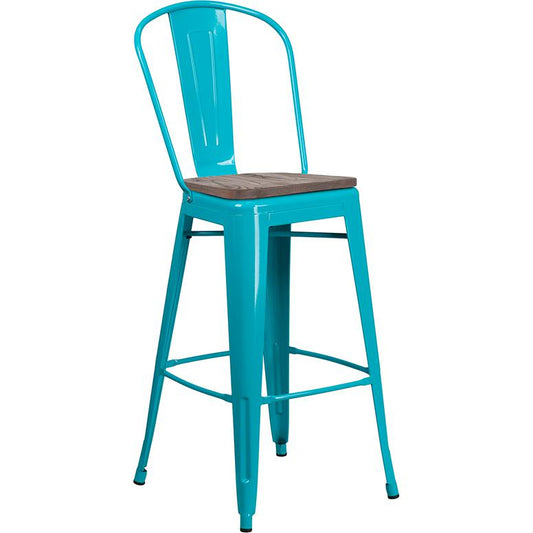 30" High Crystal Teal-Blue Metal Barstool With Back And Wood Seat By Flash Furniture | Bar Stools | Modishstore